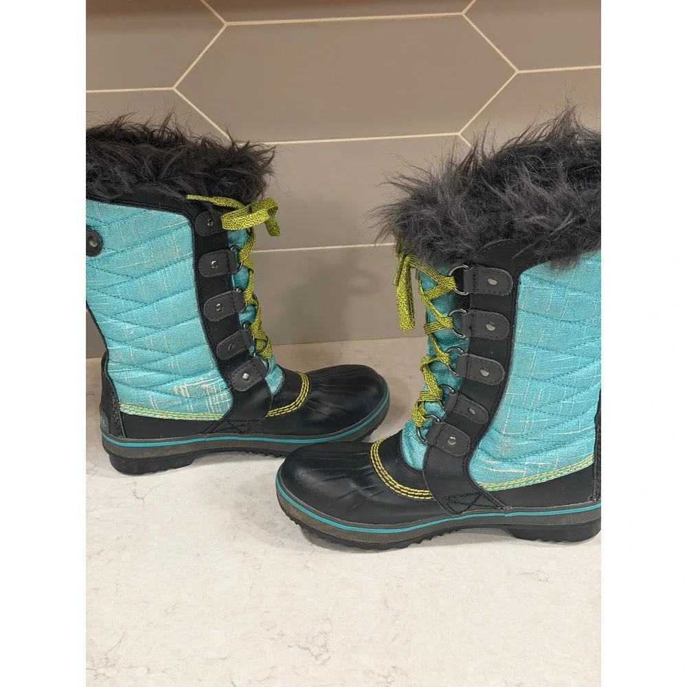 Sorel Tofino II Kids Waterproof Winter Boots Teal Black Faux Fur Size 2